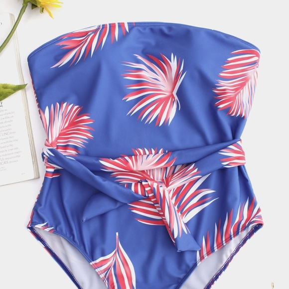 Other - Blue Patterned Strapless one piece bathing suit with waist tie